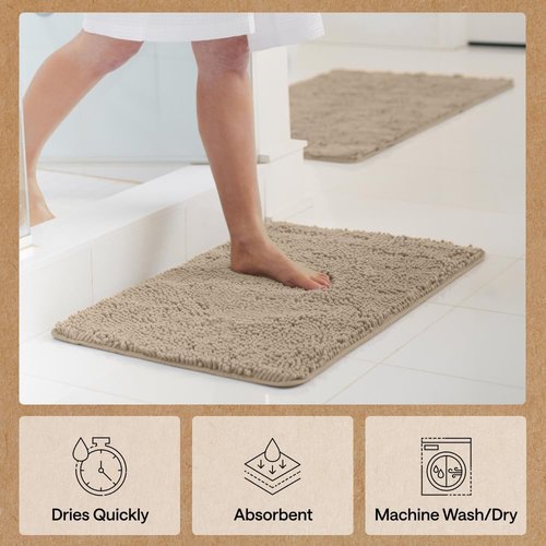GORILLA GRIP Bath Rug Mat - Thick Absorbent Chenille | Quick-Dry Microfiber, 44x26, Gray Beige