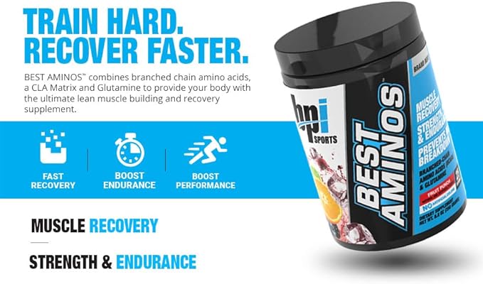 BPI Sports Best Aminos - BCAA Powder Post Workout & Glutamine Recovery Drink with Branched Chain Amino Acids for Hydration & Recovery, for Men & Women - Fruit Punch - 25 Servings (Pack of 5)