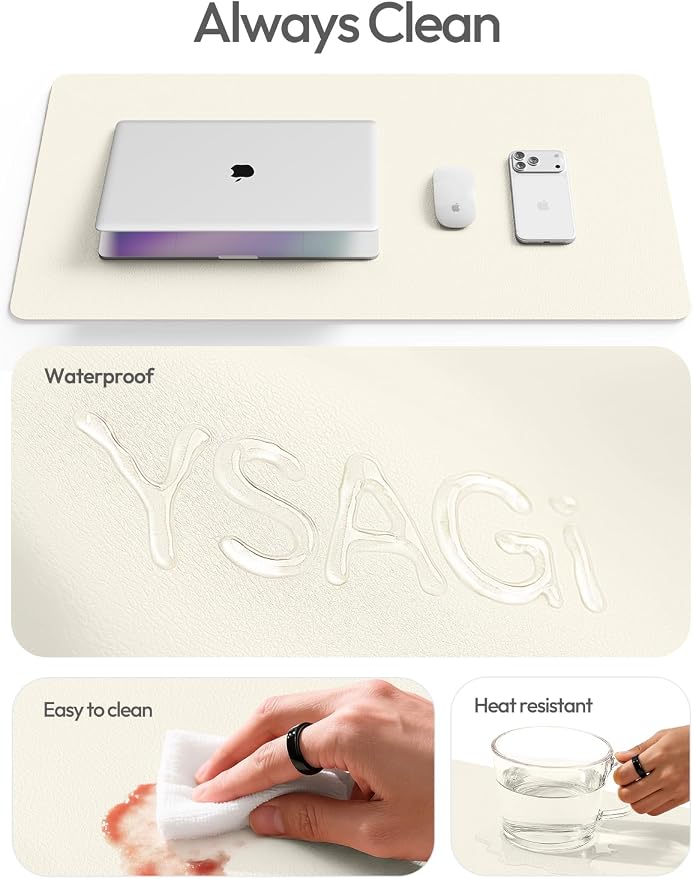 YSAGi Leather Desk Protector, Office Mat, Large Mouse Mat, Non-Slip PU Leather Blotter, Laptop Desk Pad, Waterproof Writing Pad for Office and Home (Cream, 47.2" x 23.6")