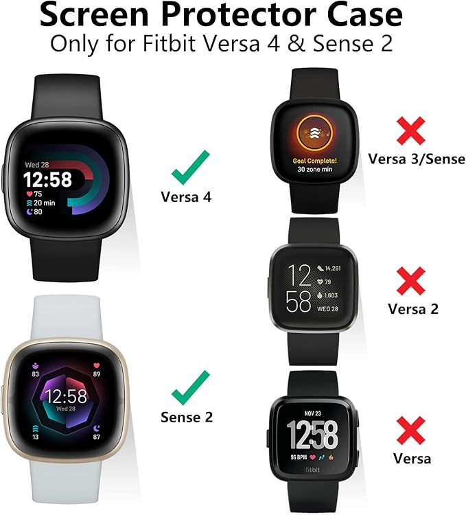 Vancle Case for Fitbit Versa 4 / Fitbit Sense 2, 4-Pack Screen Protector Tempered Glass Full Around Hard PC Case with Sensitive Touch Film Protective for Fitbit Sense 2 / Versa 4(Transparent*4)