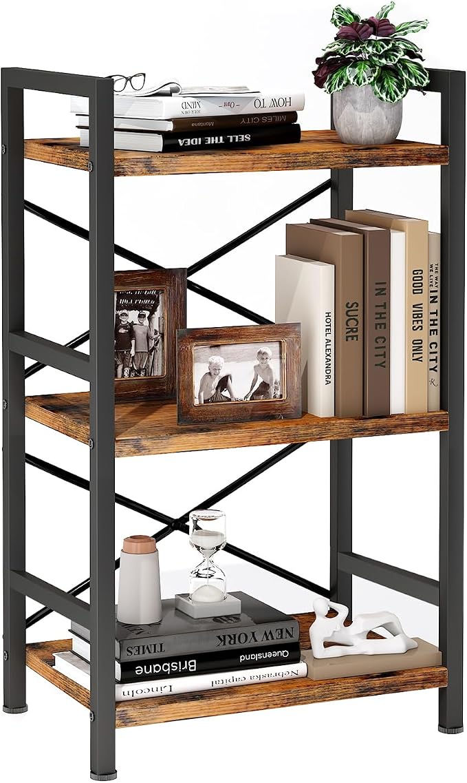 Homeiju Bookshelf, 3 Tier Industrial Bookcase, Metal Small Bookcase, Rustic Etagere Book Shelf Storage Organizer for Living Room, Bedroom, and Home Office(Rustic Brown) Patent Pending D29873033