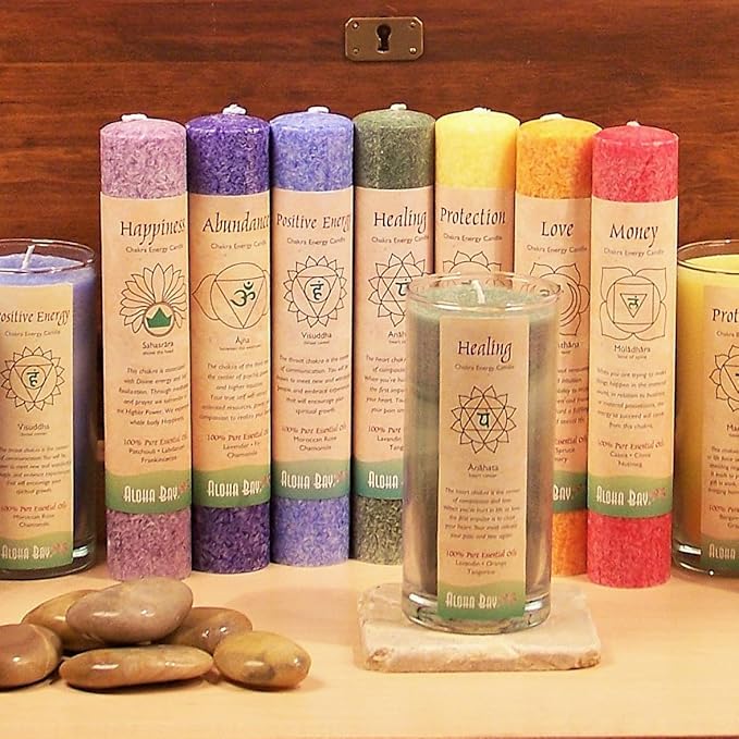 Premium Scented Candle Hand Made Chakra Energy Pillar | 4-Pack | Abundance, Ajna | Yoga, Prayer & Meditation Candle | Long Burn 15 Hours | Essential Oils of Lavender, Fir & Chamomile | Aloha Bay