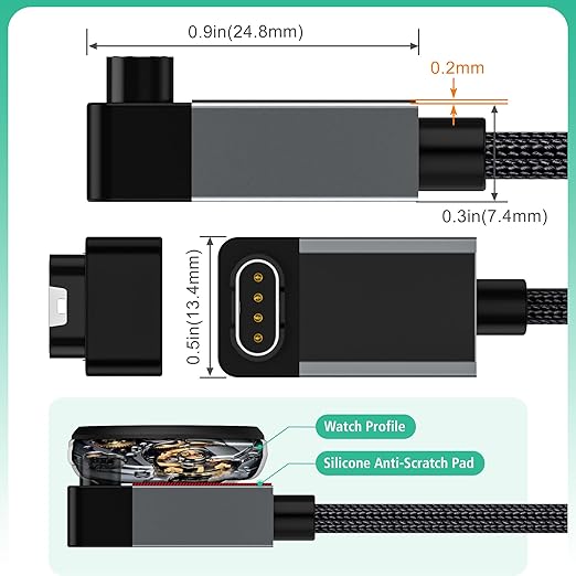 AGVEE 2 Pack 1.5ft Charger for Garmin Watch, L-Shape Zero Gap Charging Cable for Fenix, Forerunner, Vivoactive, Instinct, Venu, Tactix, Approach, D2, Quatix Series, Right Angle Braided, Dark Gray
