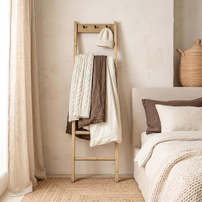 Wooden Blanket Ladder - Natural & Motley Wood - Leaning Wall Decor for Bedroom, Bathroom, Living Room - Rustic Quilt Holder & Towel Rack (Natural Wood Color + Hook, 76in(5-Tier))