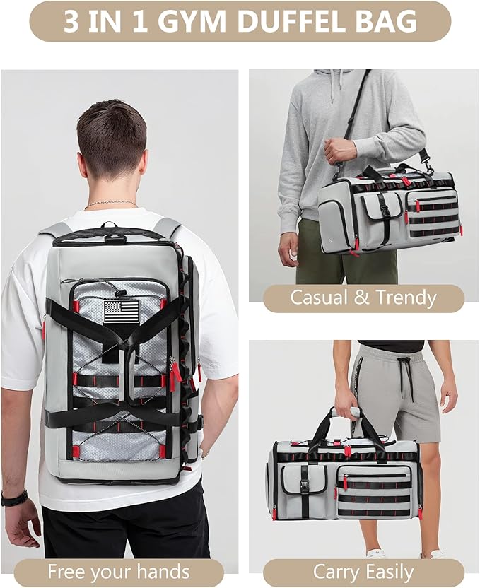MCBD Gym Bags for Men & Women, 45L Travel Duffle Sports Backpack with Shoes & Laptop Compartment, Large Workout Carry On Bag Weekender Overnight Tote, Grey