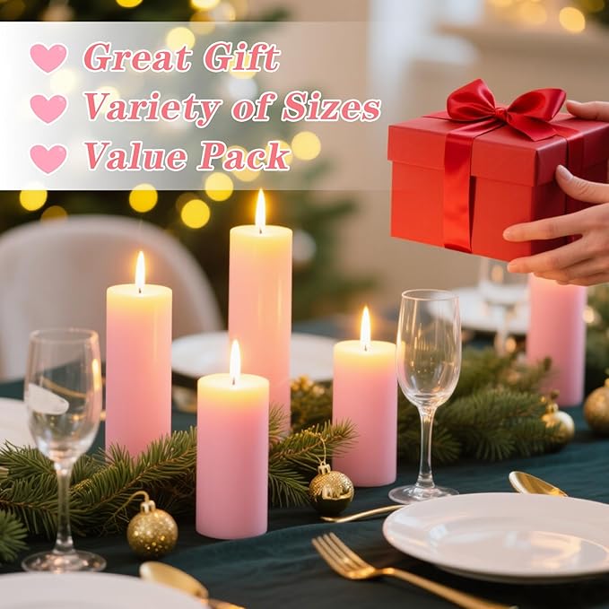 18 Pcs Pink Pillar Candles Bulk Set,Hurricane Candlesï¼? Different Lengths (6 Each),Dripless Unscented Smokeless,Gives You a Better Atmosphere When Organizing Wedding or Event Party.
