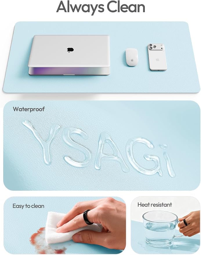 YSAGi Leather Desk Protector, Office Mat, Large Mouse Mat, Non-Slip PU Leather Blotter, Laptop Desk Pad, Waterproof Writing Pad for Office and Home (Baby Blue, 31.5" x 15.8")