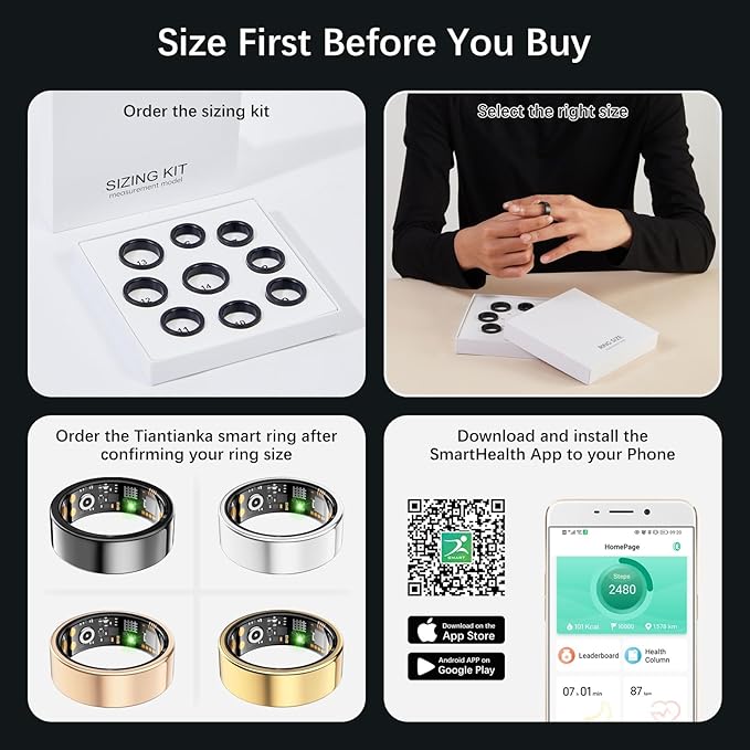Ring Health Tracker for Women Men, Fit Ring with Heart Rate, Blood Oxygen, Sleep Monitor, Calories, Step Counter, IP68 Waterproof Smart Ring for iPhone & Android, No Subscription Fee (Black, 14#)