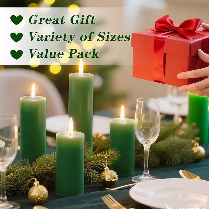 18 Pcs Green Pillar Candles Bulk Set,Hurricane Candlesï¼? Different Lengths (6 Each),Dripless Unscented Smokeless,Gives You a Better Atmosphere When Organizing Wedding or Event Party.