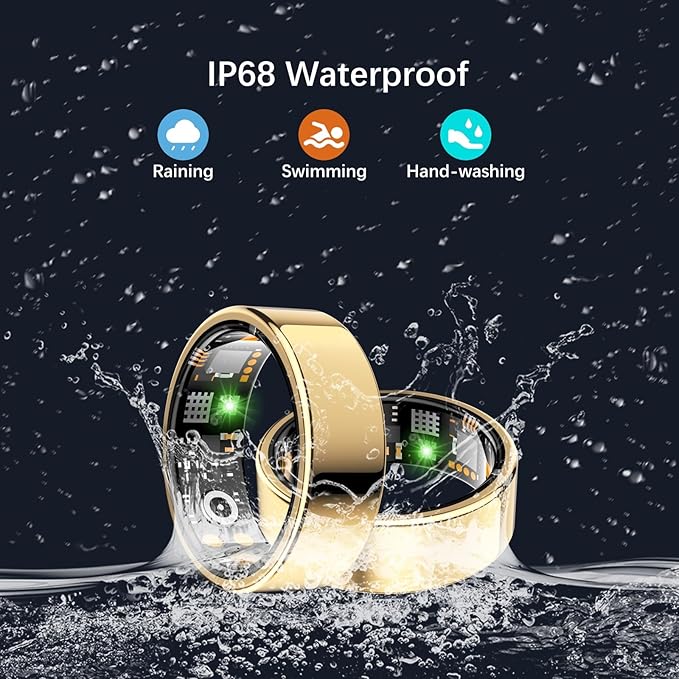 Health Tracker Ring, Smart Health Ring for Women Men with Heart Rate, Blood Oxygen, Sleep Monitor, Steps,Calories, No Subscription Fee, IP68 Waterproof Smart Ring for iPhone & Android (Gold, 12#)
