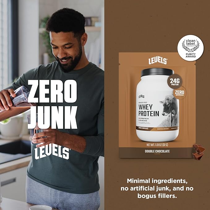 Levels Grass Fed Whey Protein Powder, No Artificials, 24G of Protein, Double Chocolate, 12 Count