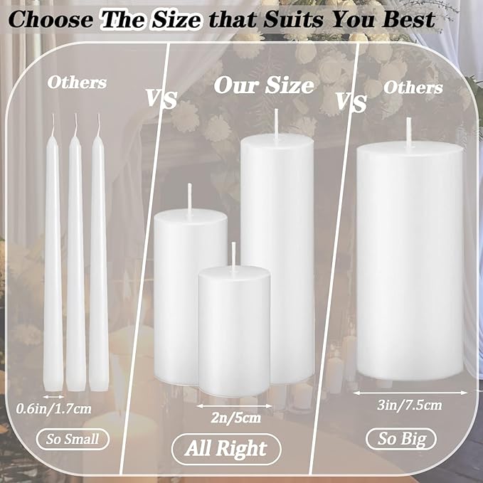 36 Pcs White Pillar Candles Bulk Set,Hurricane Candlesï¼? Different Lengths 2 x 3/4/6 Inch (12 Each),Dripless Unscented Smokeless,Gives You a Better Atmosphere When Organizing an Event Party.