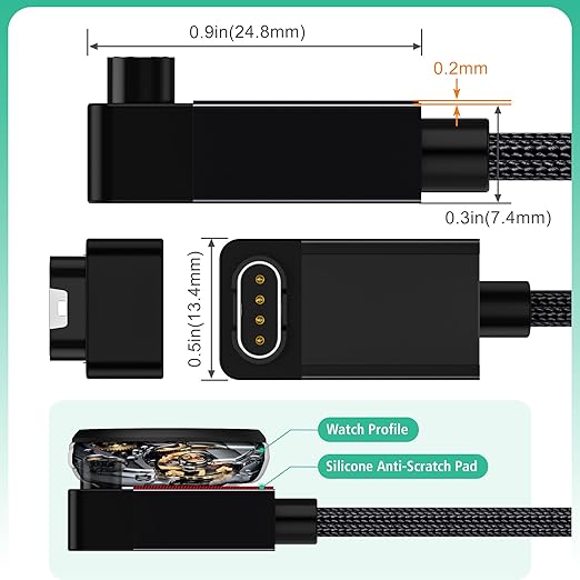 AGVEE 2 Pack 1.5ft Charger for Garmin Watch, L-Shape Zero Gap Charging Cable for Fenix, Forerunner, Vivoactive, Instinct, Venu, Tactix, Approach, D2, Quatix Series, Right Angle Braided, Black