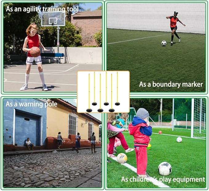 6FT Soccer Agility Poles with Rubber Base Detachable Speed Agility Stick Slalom Speed Training Pole Set for Sports
