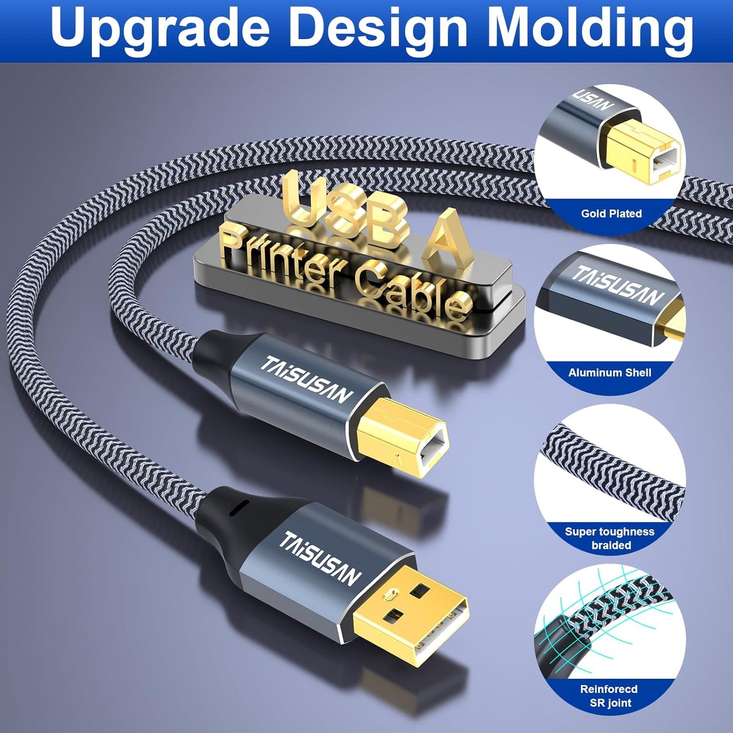 40ft, USB Printer Cable High Speed A to B Cord Compatible for Keyboard, MacBook, Printers and Scanners - Gray