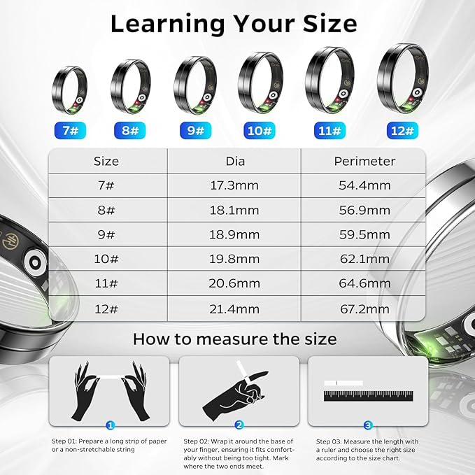 Ultra-Thin Smart Ring for Women Men,Sleep Tracker Ring with Heart Rate, Waterproof Fitness Ring for Activity Monitoring/Steps/Calories,No Subscription Fee,for iSO & Android (Black,7#)