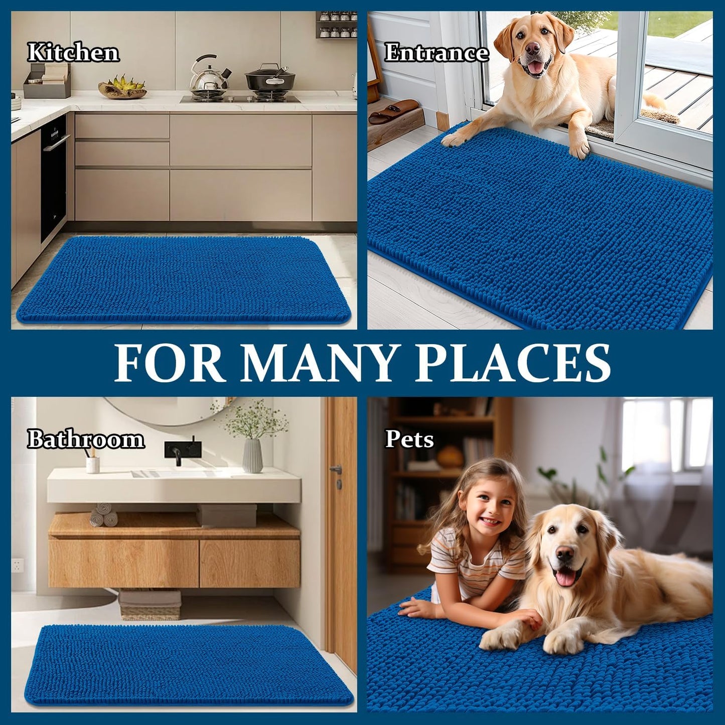OLANLY Dog Door Mat - Absorbent Non-Slip Mud Mat for Muddy Paws | 70x35, Quick Dry Chenille, Deep Navy Blue