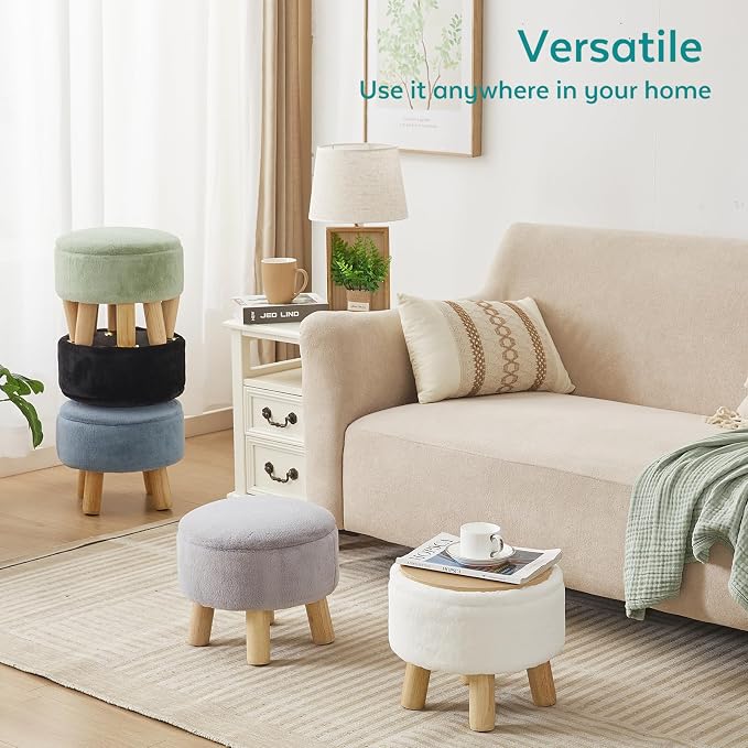 Small Foot Stool Ottoman with Storage, Soft Faux Fur Ottoman Foot Rest for Couch, Round Footstool with Storage, Small Ottomans and Footstools for Living Room and Entryway (Black)