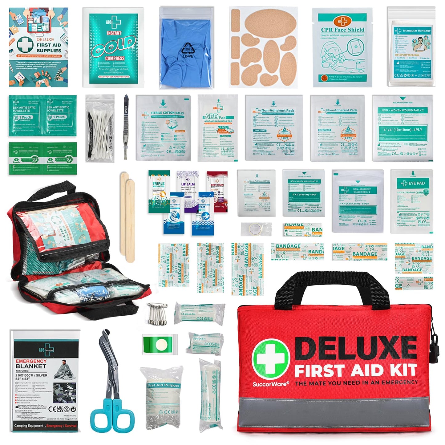 SuccorWare 380 Pieces Deluxe First Aid Kit Compact Trauma Medical Kits with Assorted Bandages, Instant Cold Pack, Emergency Blanket for Home, Travel, Camping, Vehicle, Emergency Kits(Red)
