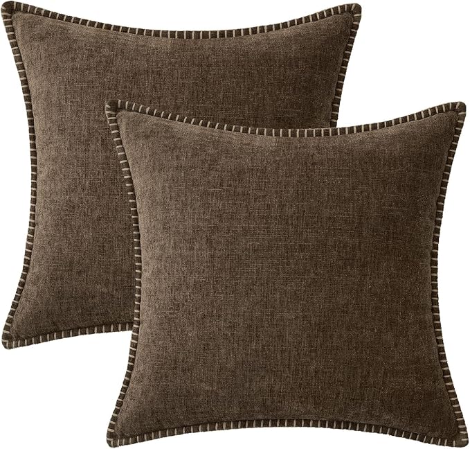 MIULEE Pack of 2 Couch Throw Pillow Covers 18x18 Inch Brown Farmhouse Decorative Pillow Covers with Stitched Edge Soft Chenille Solid Dyed Pillow Covers for Sofa Bed Living Room