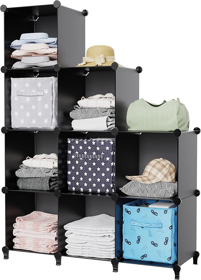 HOMIDEC Closet Organizers and Storage, 9 Cube Storage Organizer, Portable Closet Organizer Cubes Shelves for Clothes, Bedroom, Kids Room, Bathroom, Wardrobe, Garment Racks, Black