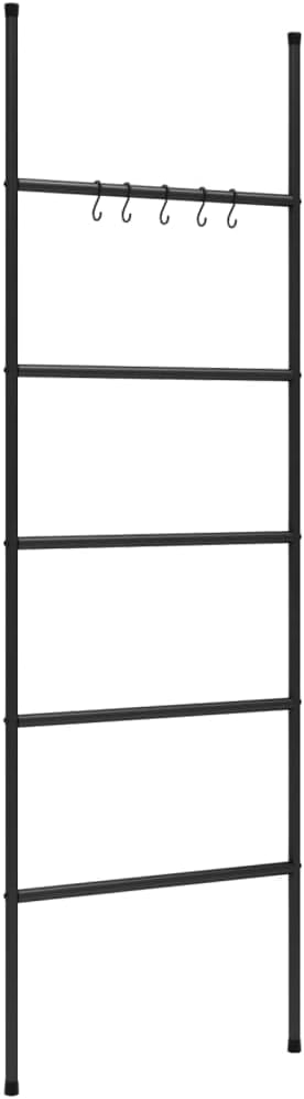 Free Standing 5 Tier Towel Rack Ladder, 22.8x68.9 Inch Iron Towel Holder with 5 Hooks, Space Saving Storage for Bathroom, Living Room, Bedroom, Hallway