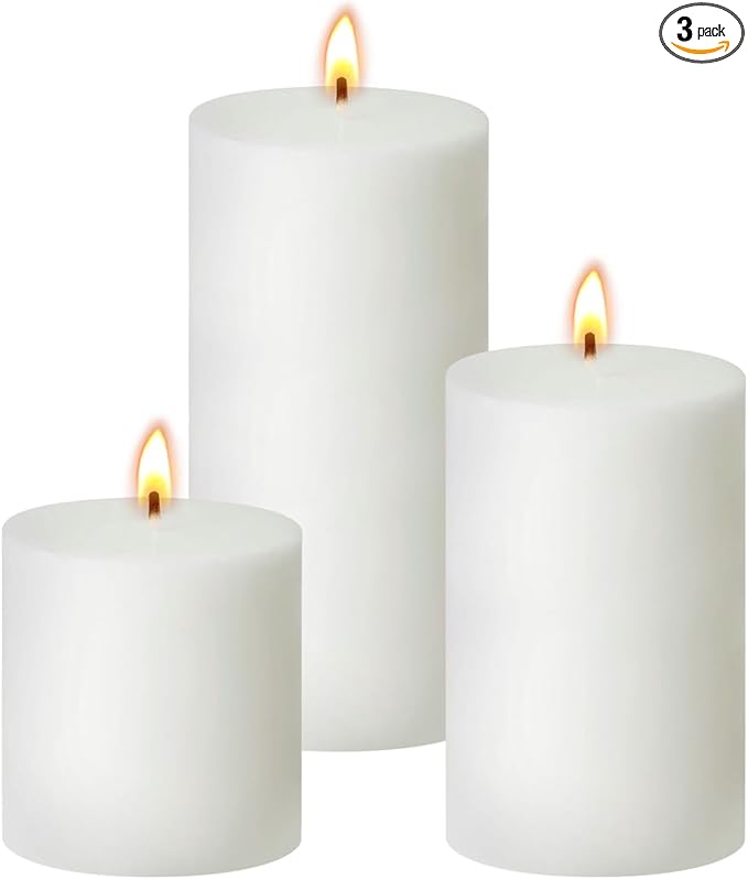 White Unscented Pillar Candles 3-Pack ??Dripless & Smokeless, Long-Burning Thick Candles (2",3",4" Heights) for Weddings, Home Decor & Serene Ambiance