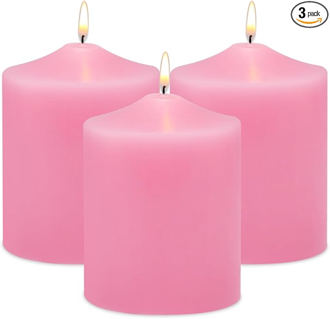 Unscented Pink Pillar Candles, 45 Hour 3x4 Inch Dripless Tapered Fat Column Cylinder Candles for Valentine's Day Home Party Holidays, 3 Packs