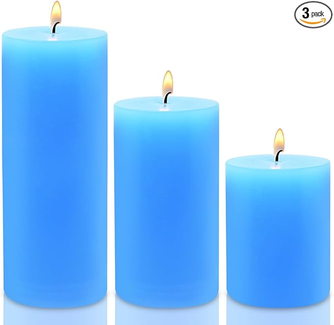 Blue Pillar Candles Set of 3 - Dripless Unscented - 3x4, 3x6 & 3x8 inches Decorative Candles for Home Decor & Table Centerpieces