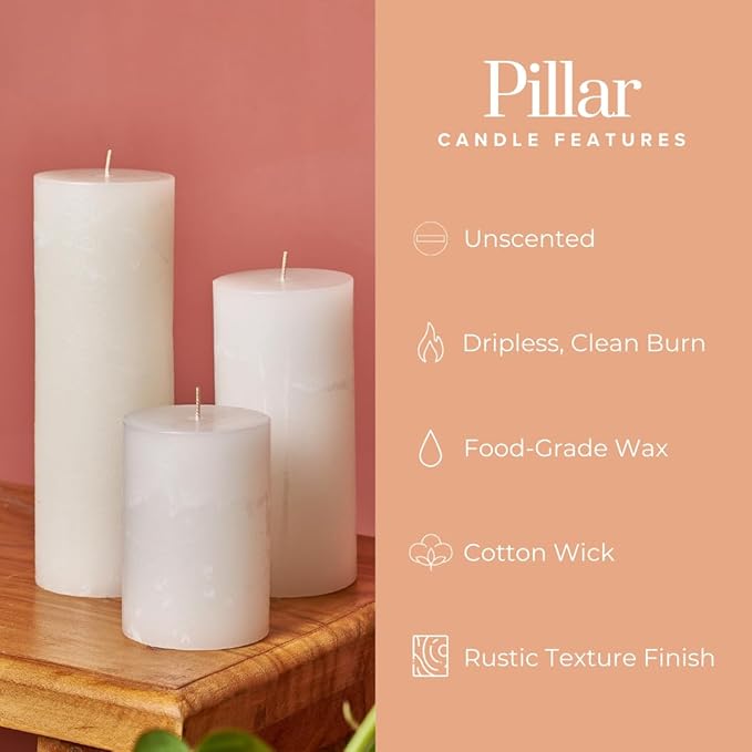 Simply Soson 3x6 inch White Pillar Candles Set of 3, Rustic Texture, Unscented White Candles, Dripless Candles, 3 inch Pillar Candles Ideal as Wedding, Parties, Spas, Dinner, Home Decoration, Church