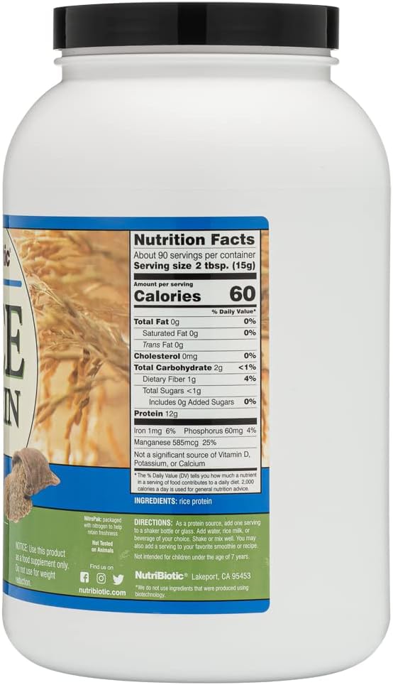 NutriBiotic Plain Rice Protein, 3 Lb (1.36kg) | Low Carb, Vegan & Raw Protein Powder | Grown and Processed Without Chemicals, Gluten or GMOs | Keto Friendly & Easy to Digest