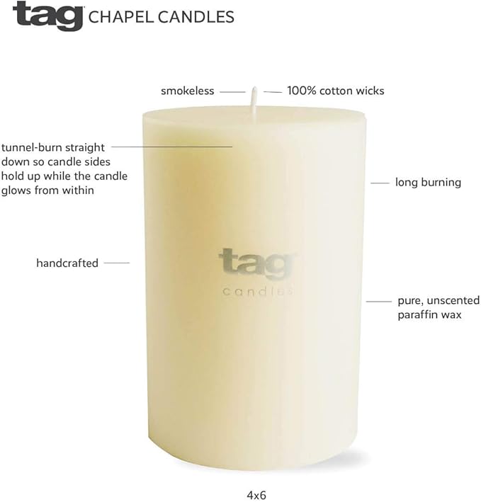 TAG Chapel 3X6 White Pillar Paraffin Wax Candle Unscented Drip-Free Long Burning 85 Hours for Home Decor Wedding Parties 3x6 White