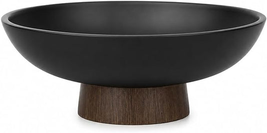 YMXYJM Modern Pedestal Fruit Bowl, Large Matte Resin Decorative Bowl with Faux Wood Base for Kitchen Counter, Living Room, Entryway Home Decor, Black
