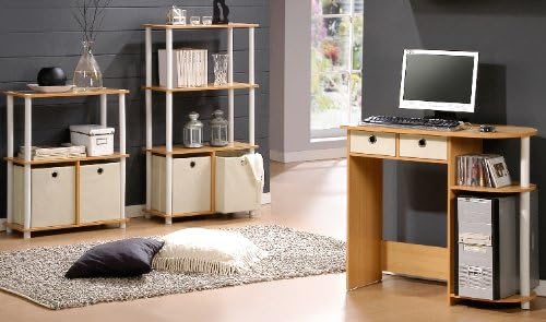 Furinno 99152BE/WH/IV 3-Tier Go Green Multipurpose Storage Rack Shelving Unit Bookshelf Cabinet with 2 Bins, Beech Finish