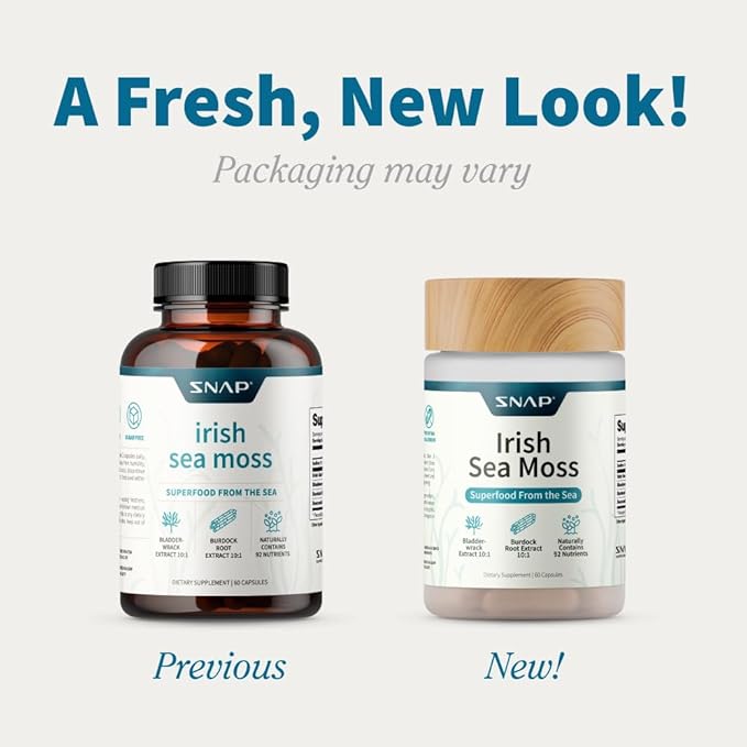 Snap Supplements Irish Sea Moss Capsules with Bladderwrack, Burdock Root & Iodine ??Supports Energy, Immune Health, Digestion & Skin ??60 Capsules