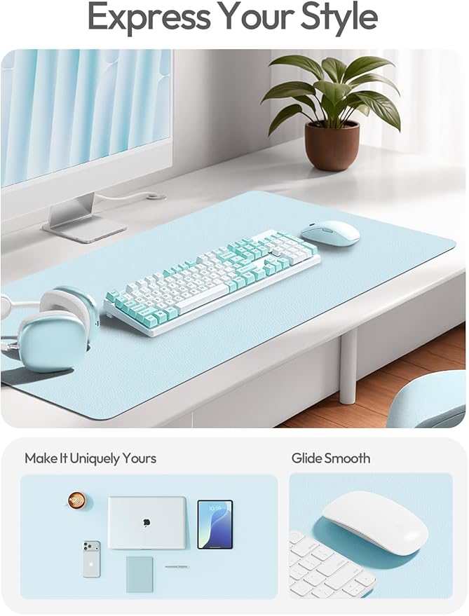 YSAGi Leather Desk Pad Protector, Office Desk Mat, Large Mouse Pad, Non-Slip PU Leather Desk Blotter, Laptop Desk Pad, Waterproof Desk Writing Pad for Office and Home (Baby Blue,55" x 17.2")