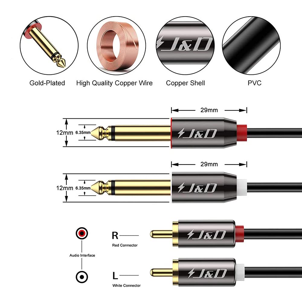 1/4 2X6.35mm 6 J&D to RCA Cable, Gold Plated Copper Shell Heavy Duty TS to Dual RCA Stereo Audio Interconnect Cord