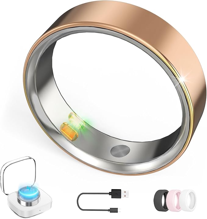 Smart Ring with Vibration Alerts, health tracker ring with Body Temperature Monitor, Heart Rate, Sleep & Fitness Tracking, Waterproof Activity Ring for Men & Women, No App Fees (Rose Gold, 12#)