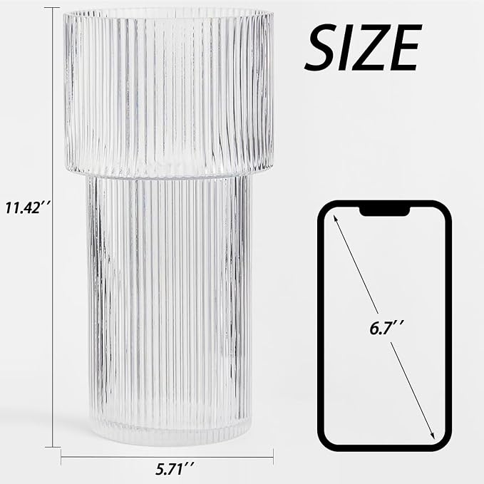 Large Glass Vase, 12 Inches Tall Vase for Flowers, Flower Vases for Bouquet, Modern Ribbed Glass Vases for Living Room, Dining Table, Office, Entryway, Mantle, Shelf, Wedding Gifts