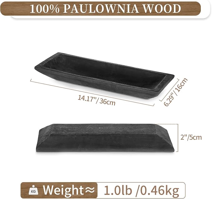 Hanobe Decorative Wood Dough Bowl: Long Wooden Bowl for Entry Way Table Home Decor - Coffee Table Decor for Living Room - Dining Table Centerpiece Decor, Black