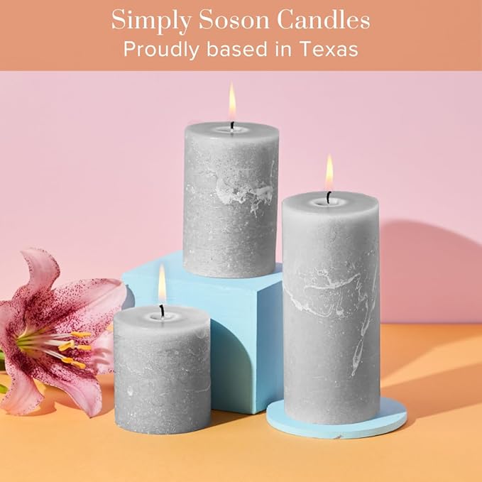 Simply Soson Grey Rustic Texture Pillar Candles 3x6 inch - Set of 3 - Unscented Decorative Grey Candles, No Drip, Ideal for Home Decor, Weddings, Holidays