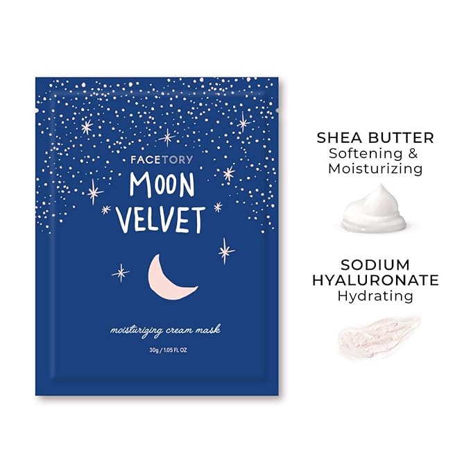 FACETORY K Beauty Face Mask Skin Care - MOON VELVET MOISTURIZING Sheet Mask with Sodium Hyaluronate & Shea Butter Cream | Moisturizing Cream Mask (5 Pack)