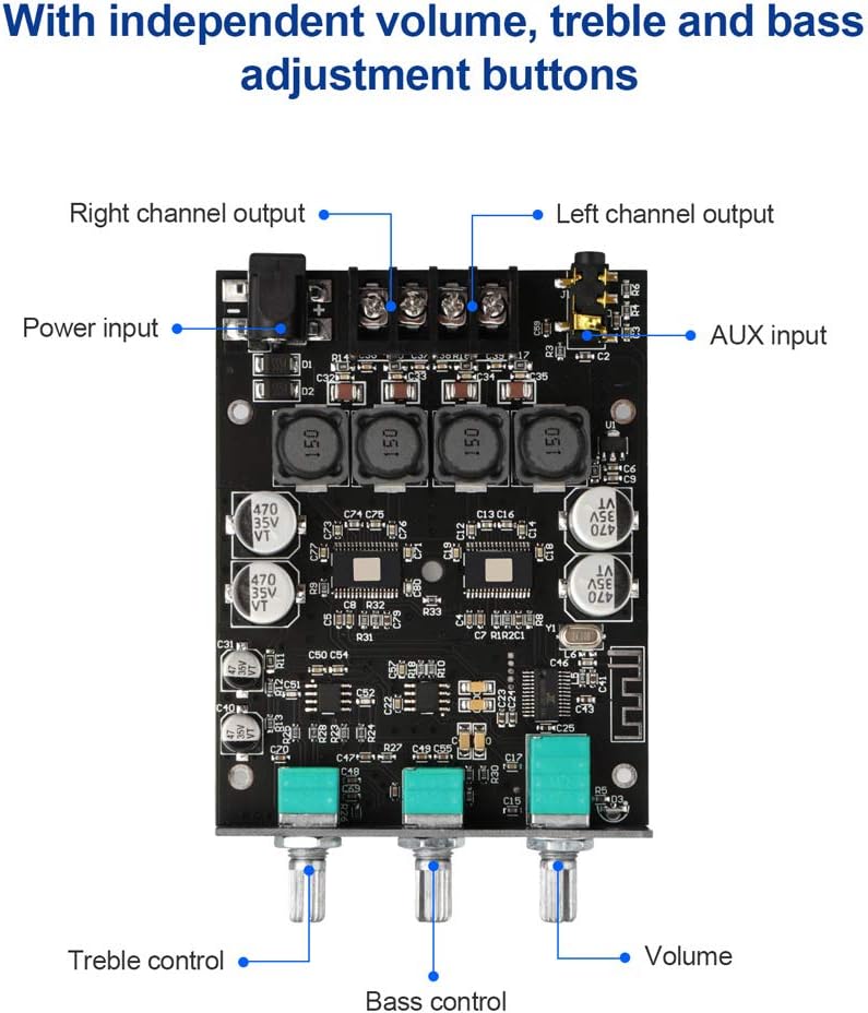 2.0 5.0 200W 12-24V 2.0 Channel Bluetooth Amplifier Board HiFi Subwoofer Audio AMP with Treble and Bass, BT USB and AUX