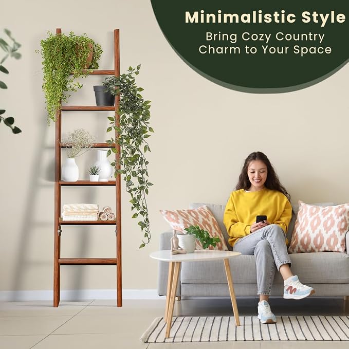 Decorative Foldable Wooden Blanket Ladder, 6-Tier Pine Wood Quilt Ladder 68" — Easy Assembly, Anti-Slip, Farmhouse Decor Rack Stand for Living Room, Bedroom Bathroom (Brown)