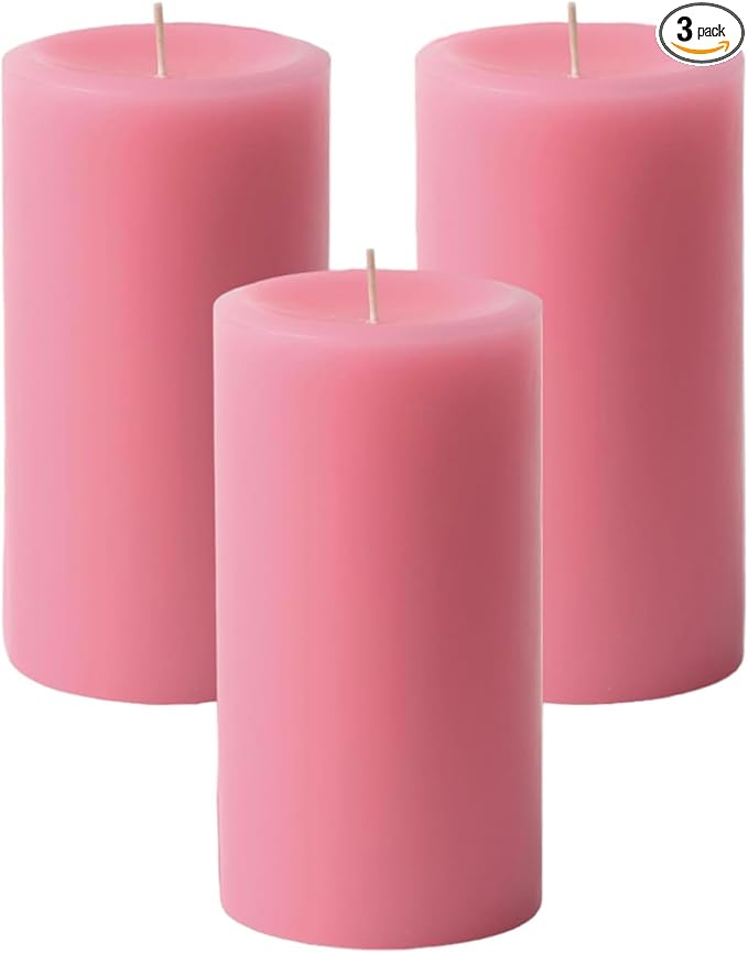 Mister Candle Dripless Unscented Pillar Candles, Set of 3 Hand Poured Pink Pillar Candles, Solid Color Non-Scented Candles for Home Decor, Premium Wax, 80 Hr Burn Time, 3x6 Inch