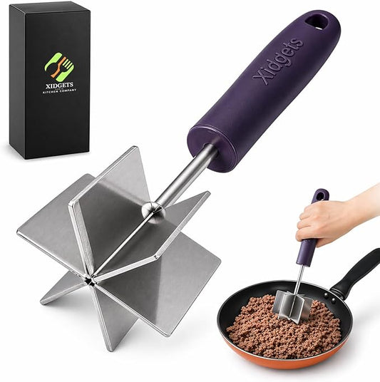 Large Stainless Steel Meat Chopper & Masher | 6-Blade Ground Beef Chopper Tool | Hamburger Smasher | Oversized Ergonomic Handle | Heat Resistant Grip | Dishwasher Safe - 10" (Midnight Plum 10")