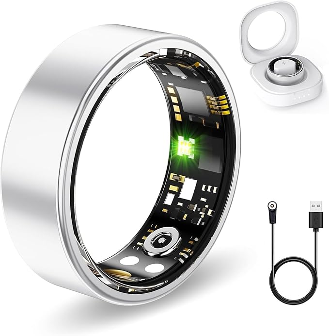 Smart Health Rings for Women Men, Fitness Tracker with Heart Rate, Blood Oxygen, HRV, Sleep Tracker, Step Tracker, No Subscription Fee, IP68 Waterproof Smart Ring for iphone & Android (Silver, 7#)