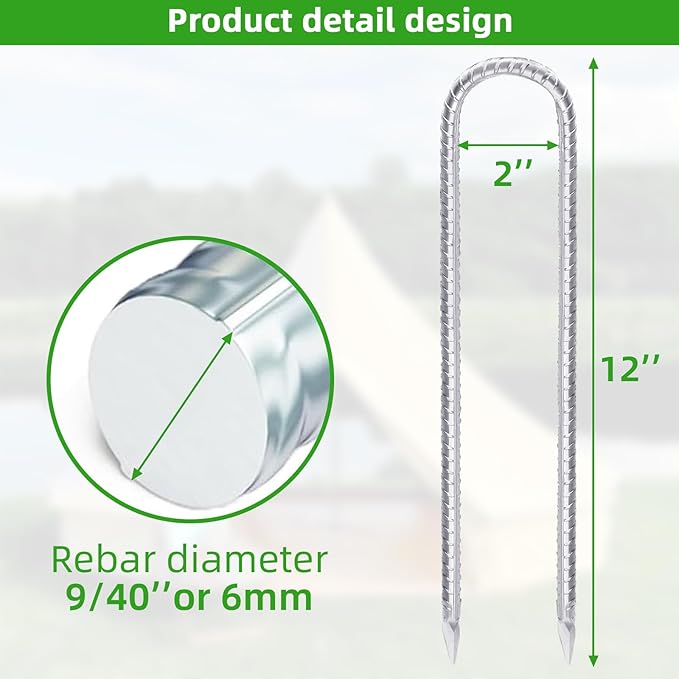 Trampoline Stakes Anchors High Wind 12inx6mm Galvanized U Hook 12pcs Rebar Stakes – Heavy Duty Ground Anchors for Trampoline,Yard & Inflatable,Landscape Metal Stakes for Outdoor Decorations