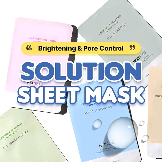 [PACK OF 20 Solution Sheet Mask Pack 5types x 4pc Aloe, Niacinamide, Collagen, Hemp seed, Hyaluronic Acid