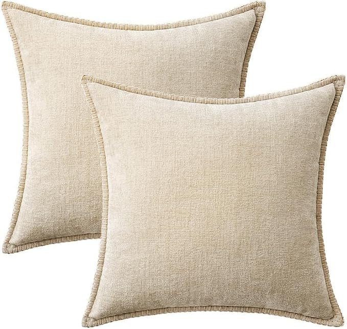 MIULEE Pack of 2 Summer Throw Pillow Covers 18x18 Inch Beige Farmhouse Decorative Pillow Covers with Stitched Edge Soft Chenille Solid Dyed Pillow Covers for Couch Sofa Bed Living Room